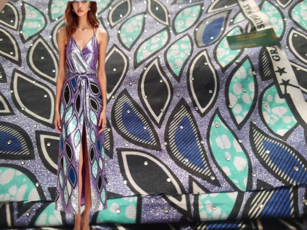 African Wax Print Stoff mit Hot-Fixed Rhinestones 91% Baumwolle 9% Spandex, hohe Faltenbeständigkeit, ausgezeichnete elastische Wiederherstellung